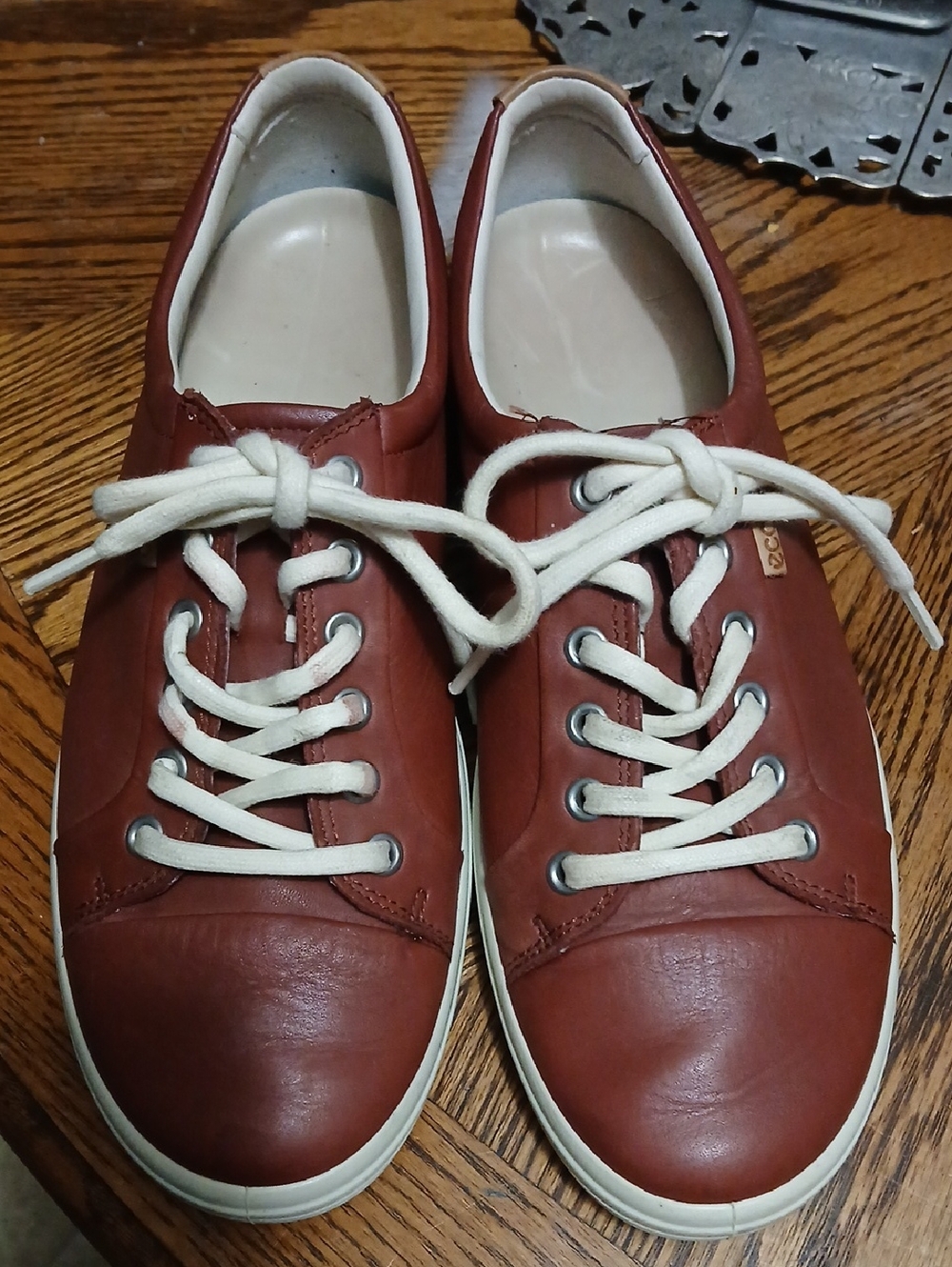 Leather Casual Sneakers in Brick Red/brown with Off White Laces